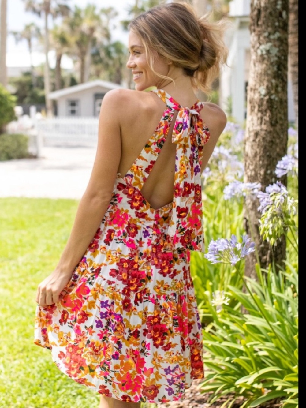 Natural Life Halle Halter Tie Back Mini Dress Pink Orange Floral NWOT New Button